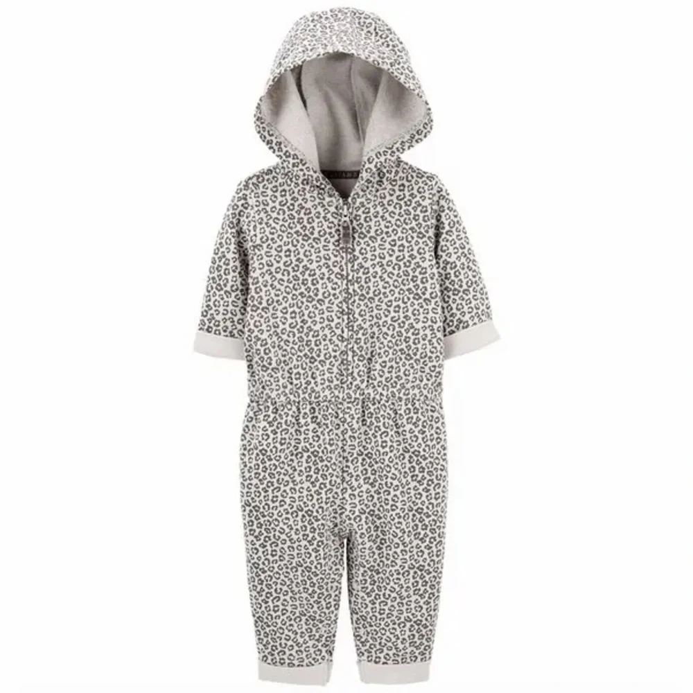 Carter’s Hooded Leopard Zip-Up Jumpsuit Gray Size 3 Months